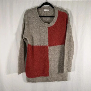 Haru Sweater Women's Large Tan Red Block Knit Long Sleeve Pullover
